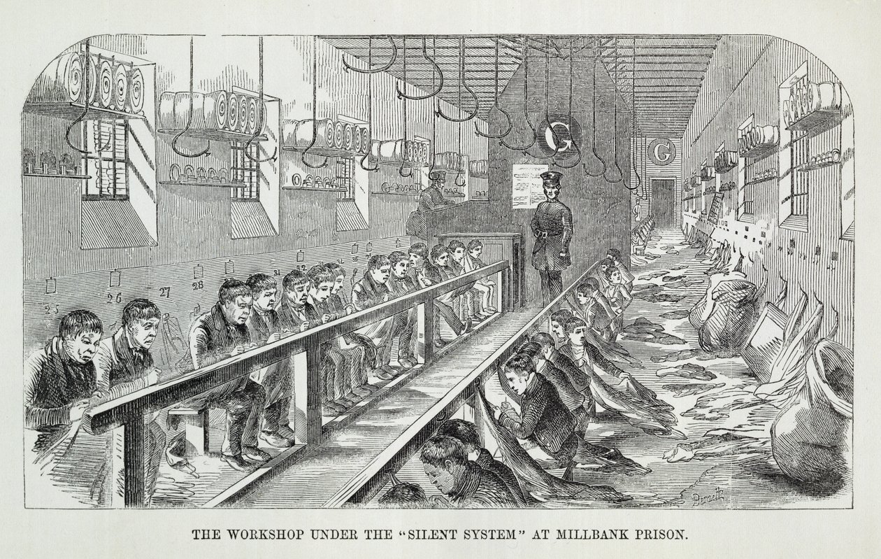 Værkstedet under det tavse system i Millbank Prison, fra The Criminal Prisons of London og Scenes of Prison Life af Henry Mayhew (1812-87) og John Binny, 1862 af English School
