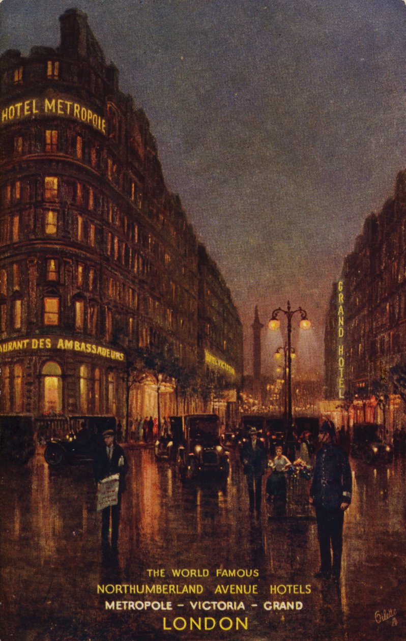De verdensberømte Northumberland Avenue-hoteller, Metropole, Victoria, Grand, London (farvelitografi) af English School