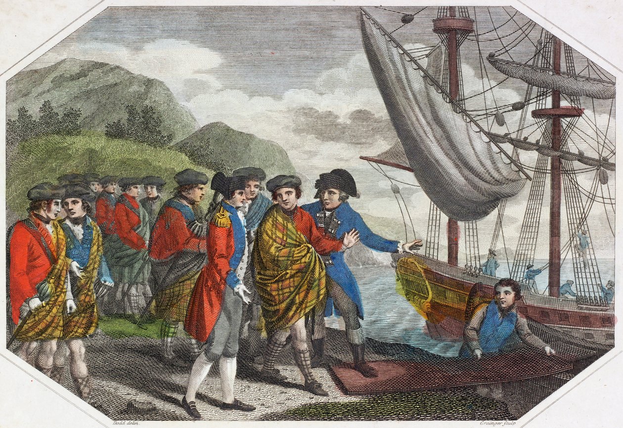 The Young Pretender efter sit nederlag ved Culloden på vej til Frankrig (farvet indgravering) af English School