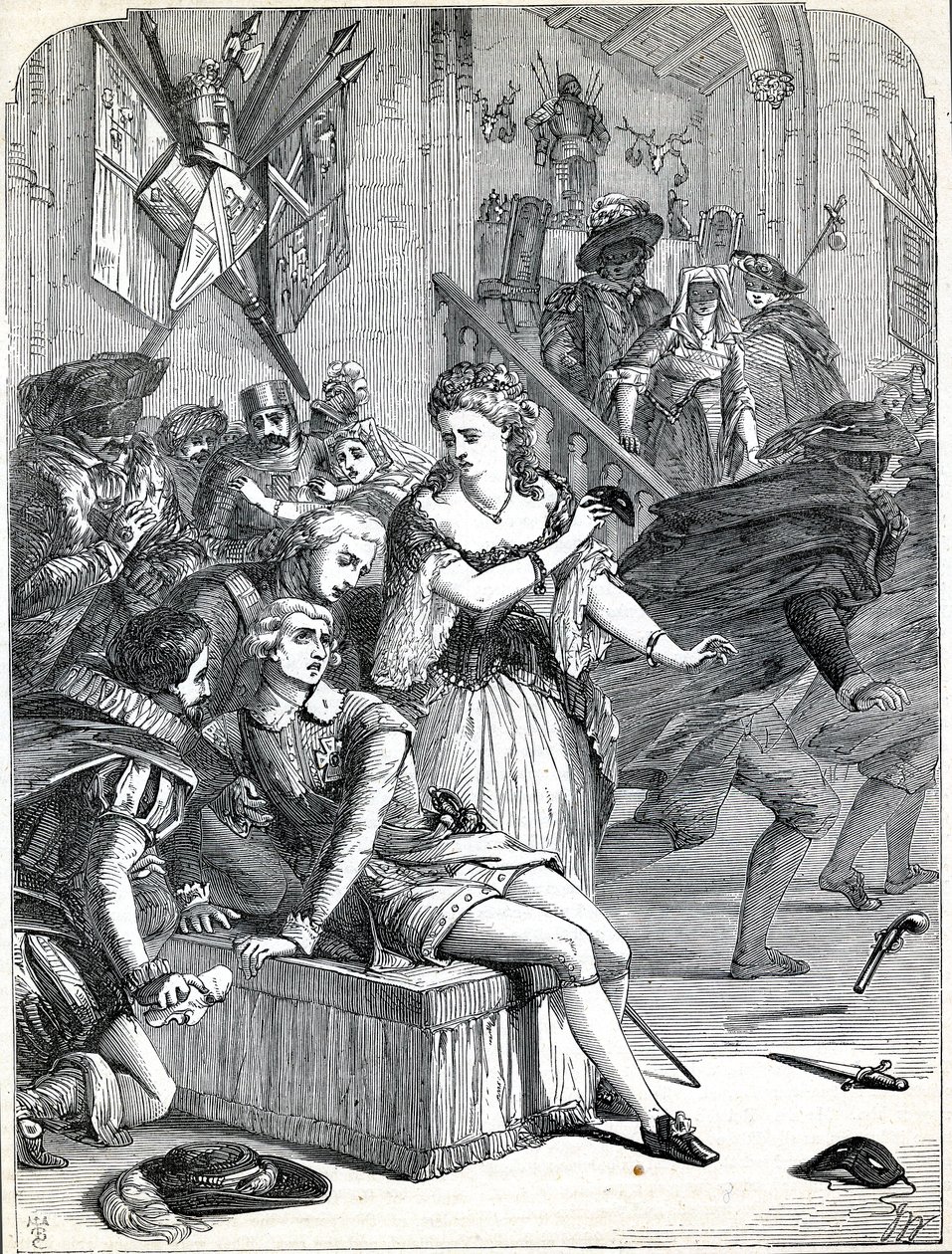 Mordet på Gustav III af Jackob Johan Anckarström ved et maskebal, Stockholm, Sverige, 1792 (kobberstik) af English School