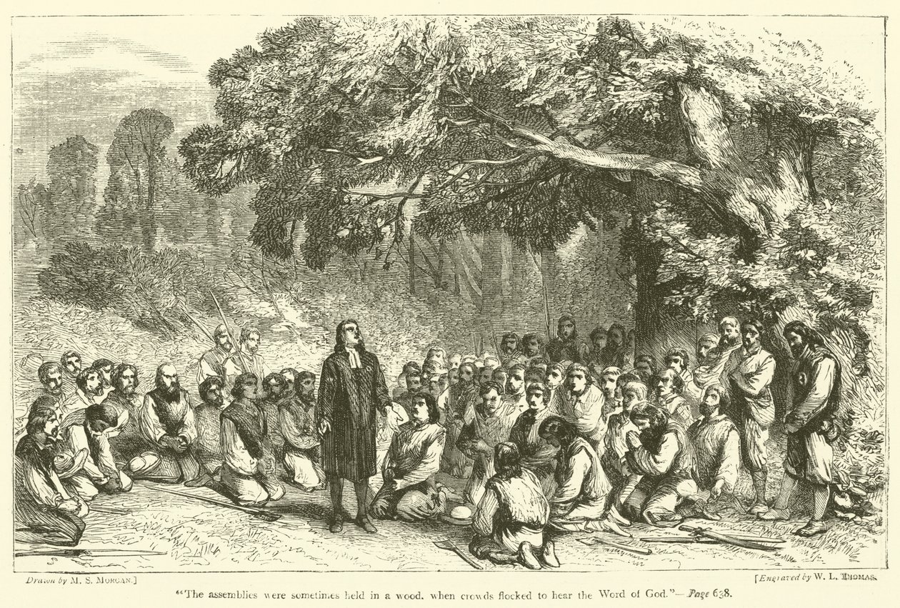 "Forsamlingerne blev nogle gange holdt i en skov, hvor folk strømmede til for at høre Guds ord" (kobberstik) af English School