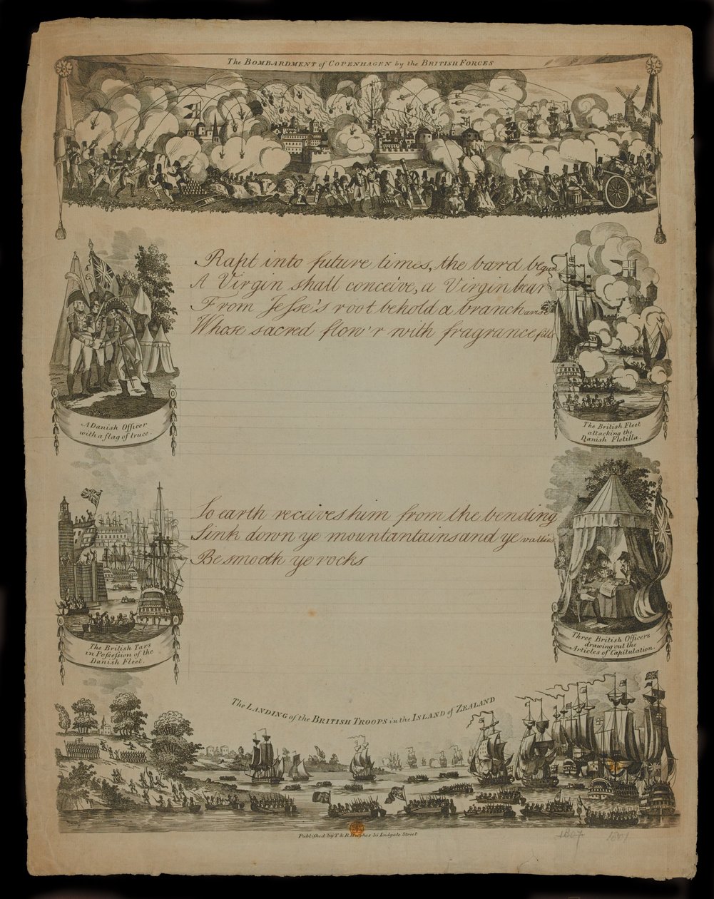 De britiske styrkers bombardement af København og The landing of the British Forces in the Island of Zealand, udgivet af T. og R. Hughes i 1807 af English School