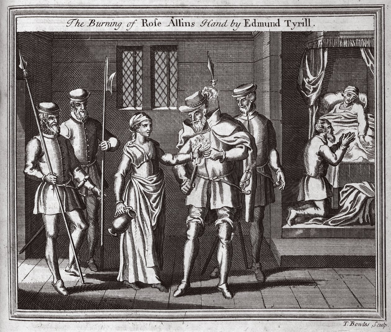 The Burning of Rose Allins hånd af Edmund Tyrill, illustration fra Foxes Martyrs c.1703 af English School