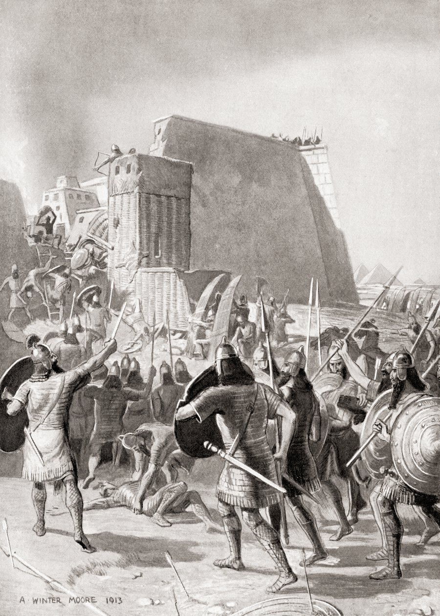 Erobringen af Memphis, Egypten af den assyriske kong Esarhaddon, 671 f.Kr., fra Hutchinson