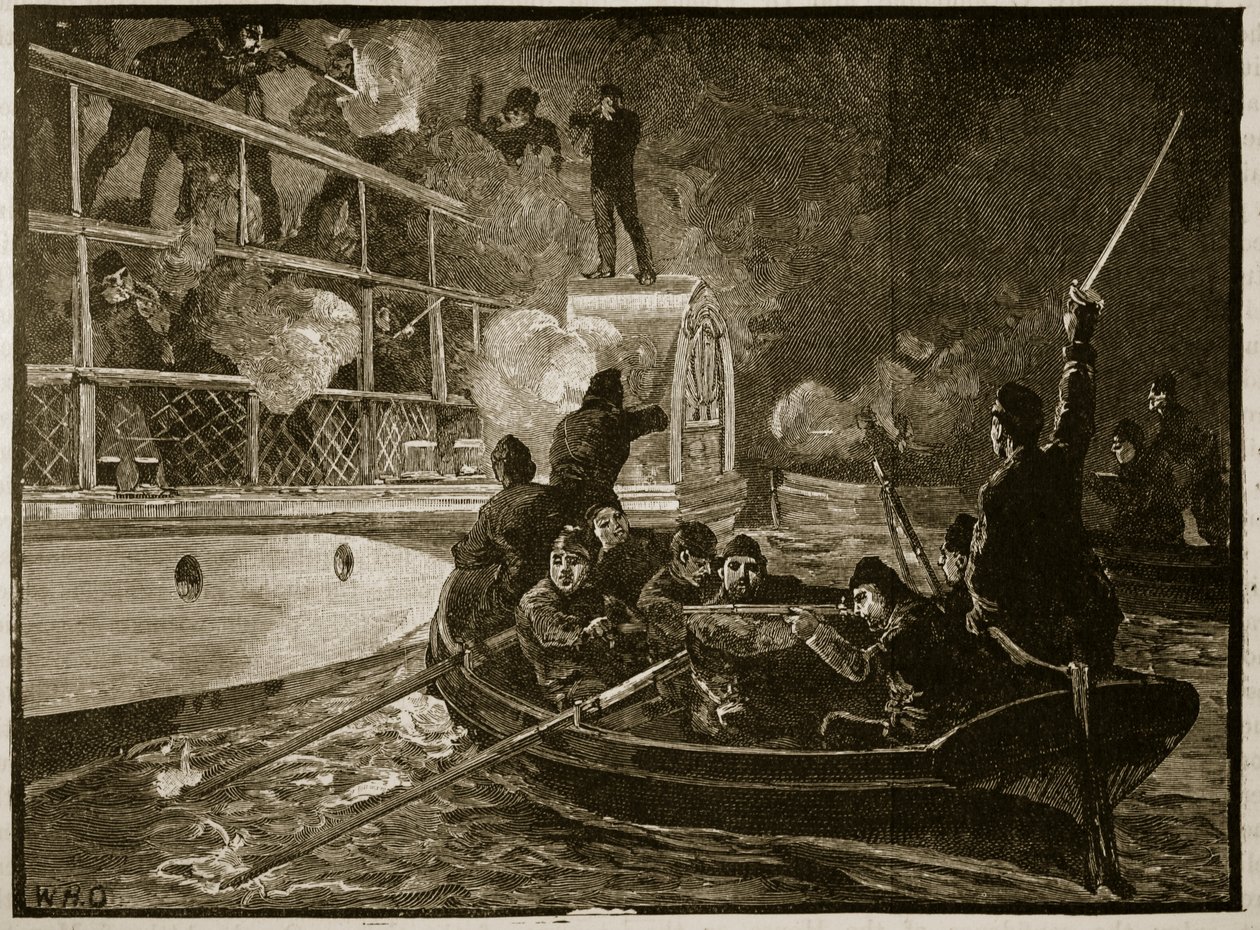 Capture of the Caroline, 1837, illustration fra Cassells Illustrated History of England (sepiafoto) af English School
