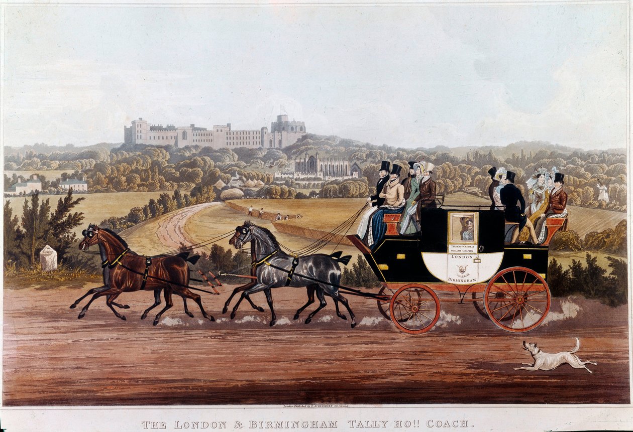 Træneren (diligence), der forbinder Birmingham til London Litografi af den engelske skole. 1800-tallets privatsamling af English School