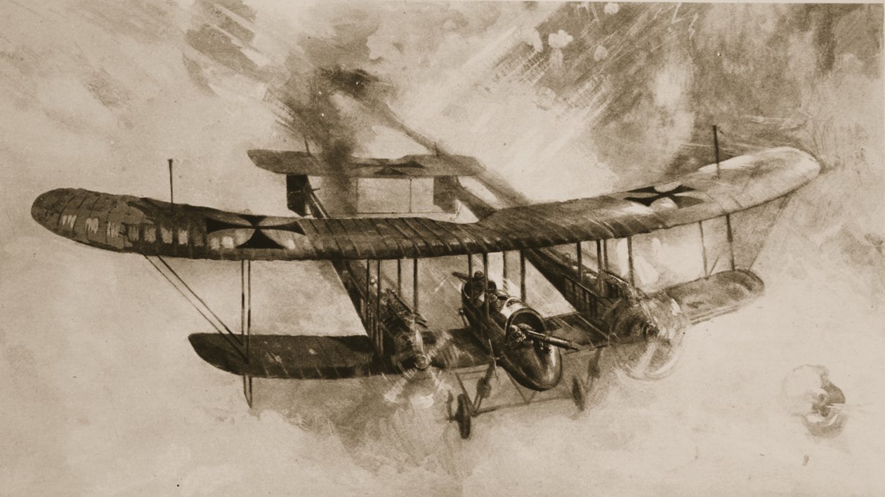 Det store kampflys komme: den dobbelte tyske biplan, som britiske flyvere har beskæftiget sig med, fra The Illustrated War News af English School