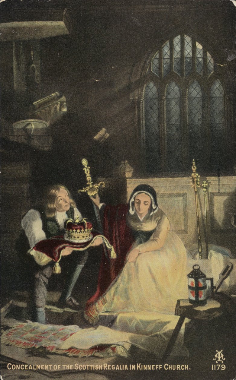 Skjulestedet for de skotske regalier i Kinneff-kirken (farvelitografi) af English School