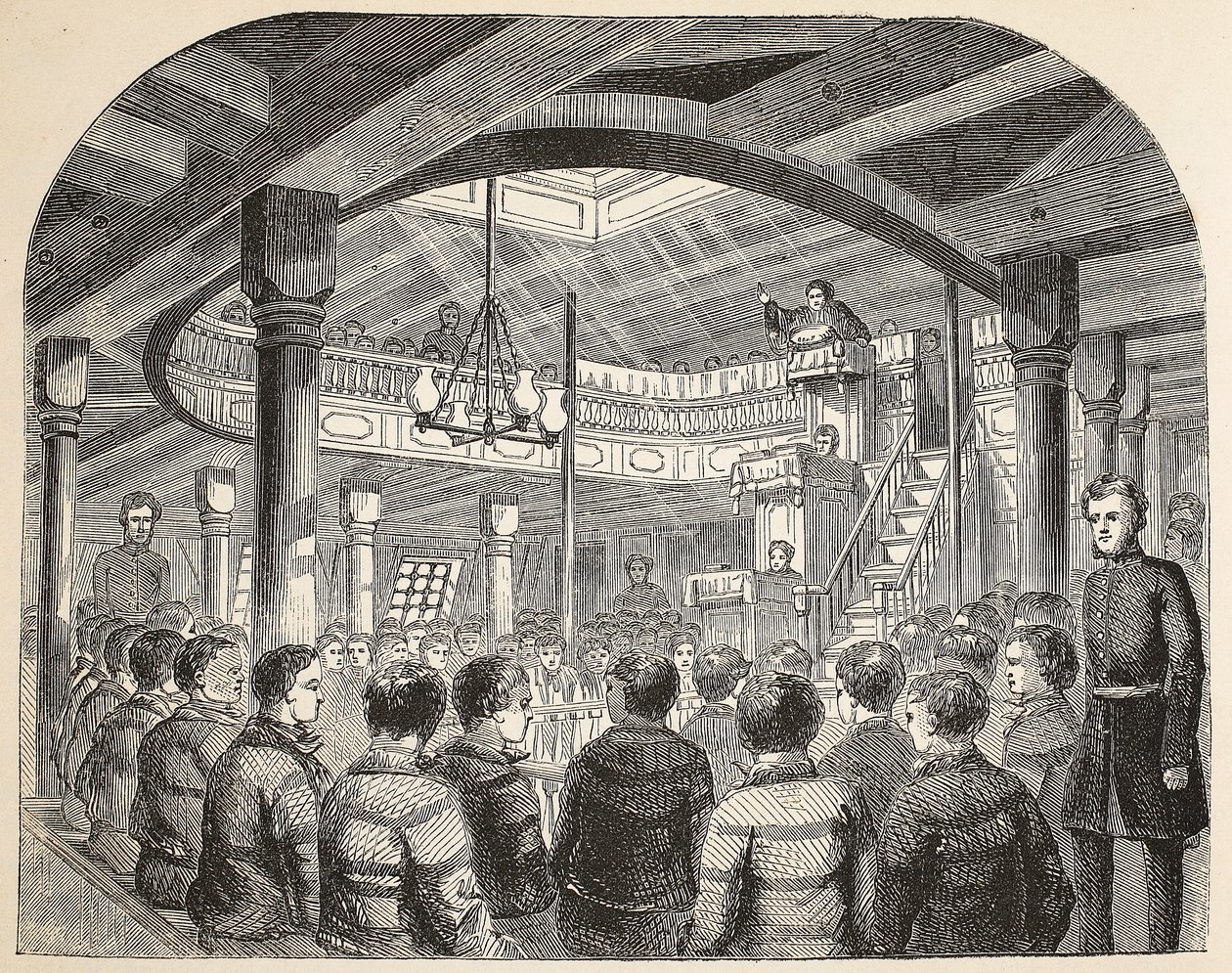 Fangekapellet om bord på Defense Hulk i Woolwich, illustration fra The Criminal Prisons of London og Scenes from Prison Life af Henry Mayhew og John Binny, pub. 1862 af English School