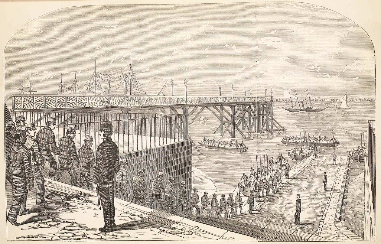 De dømte vender tilbage til hulkene fra deres arbejde i Arsenalet, illustration fra The Criminal Prisons of London og Scenes from Prison Life af Henry Mayhew og John Binny, pub. 1862 af English School