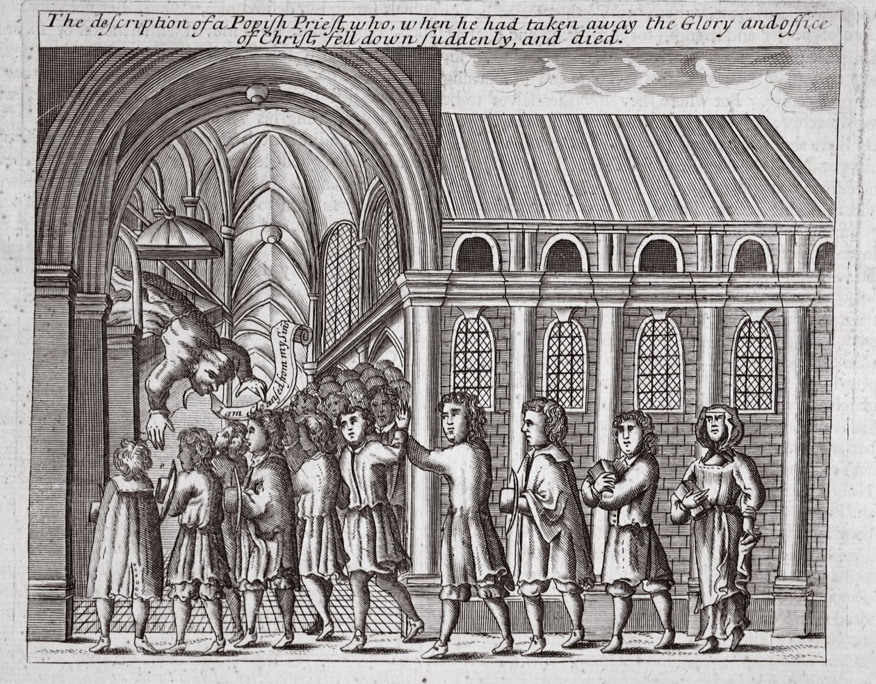Beskrivelsen af en pavepræst, der, da han havde taget Kristi Ære og embede fra sig, pludselig faldt ned og døde, illustration fra Acts and Monuments af John Foxe, niende udgave, pub. 1684 (l af English School