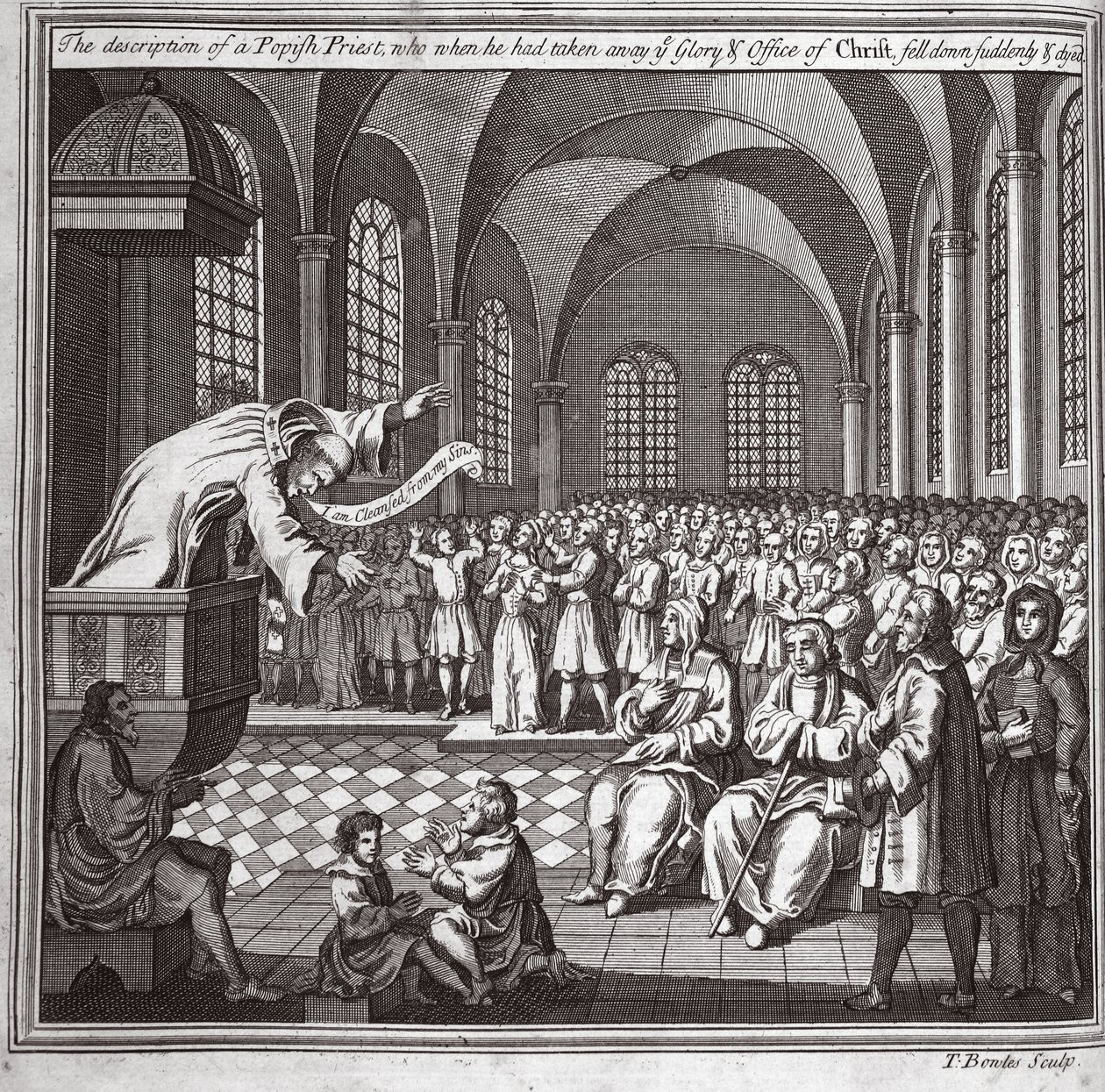 Beskrivelsen af en pavepræst, som, da han havde frataget jer Kristi Ære og embede, pludselig faldt ned og døde, illustration fra Foxes Martyrs c.1703 af English School