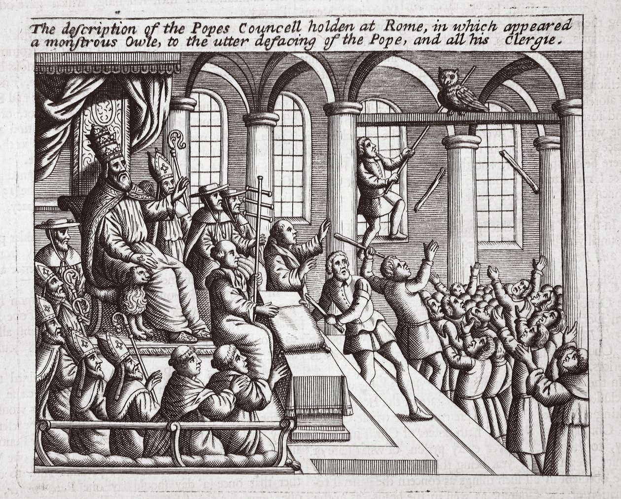 Beskrivelsen af paverådet afholdt i Rom, hvor en monstrøs ugle optrådte, til fuldstændig skændsel af paven og hele hans præsteskab, illustration fra Acts and Monuments af John Foxe, 9. udg. af English School