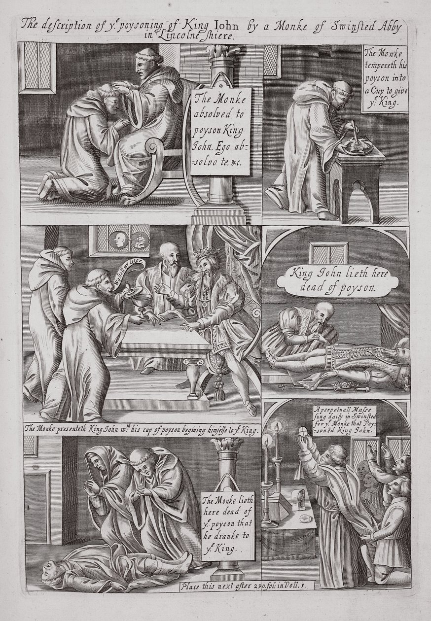 Beskrivelsen af forgiftningen af King John af en munk fra Swinstead Abbey i Lincolnshire, illustration fra Acts and Monuments af John Foxe, niende udgave, pub. 1684 af English School