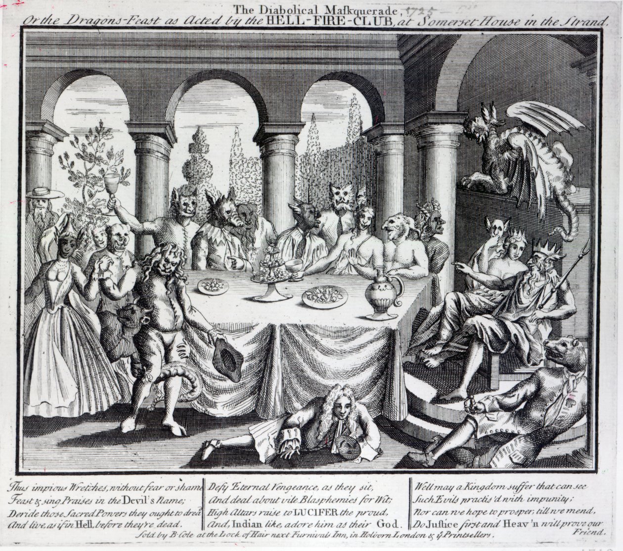 Den djævelske maskerade, eller dragefesten som opført af Hell-Fire-Club, i Somerset House i Strand, ca. 1721 af English School