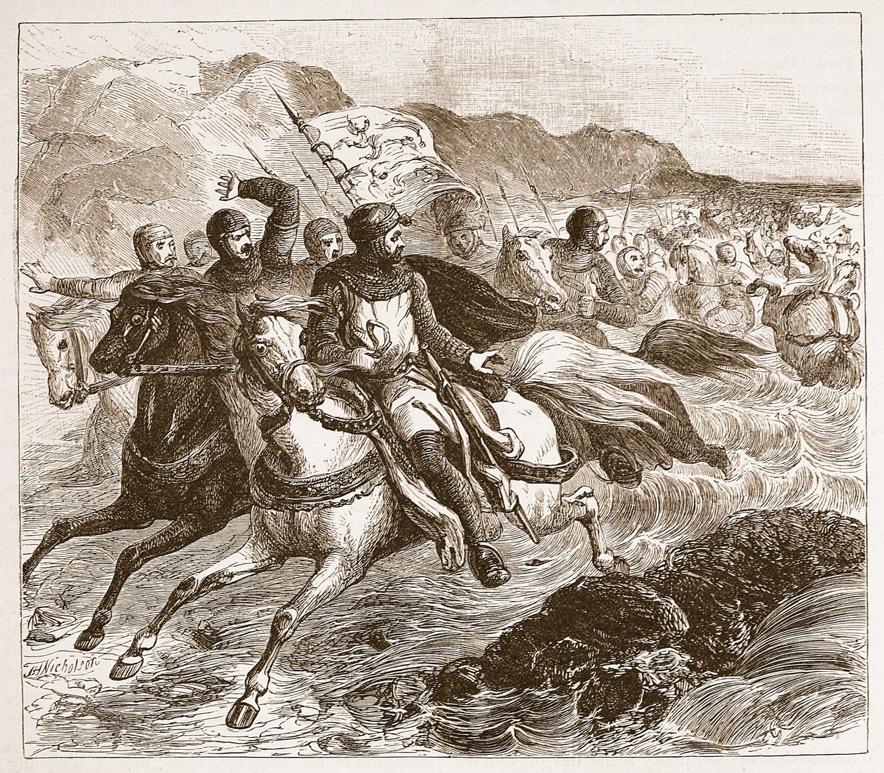Katastrofen for Johns hær ved Wash, illustration fra Cassells Illustrated History of England (sepia foto) af English School
