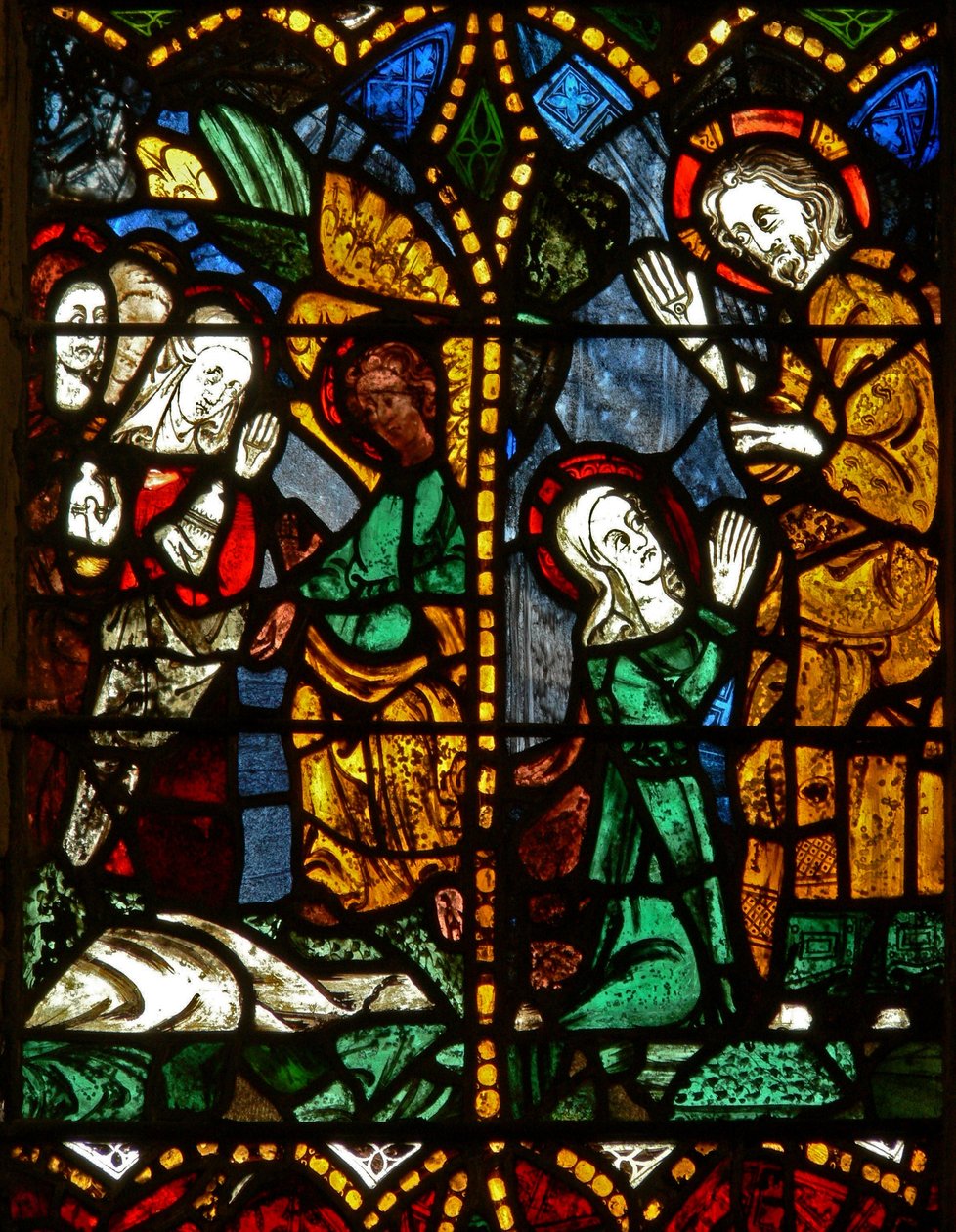 Det østlige vindue viser en opstandelsesscene: de hellige kvinder ved graven; Maria Magdalene med Kristus? af English School