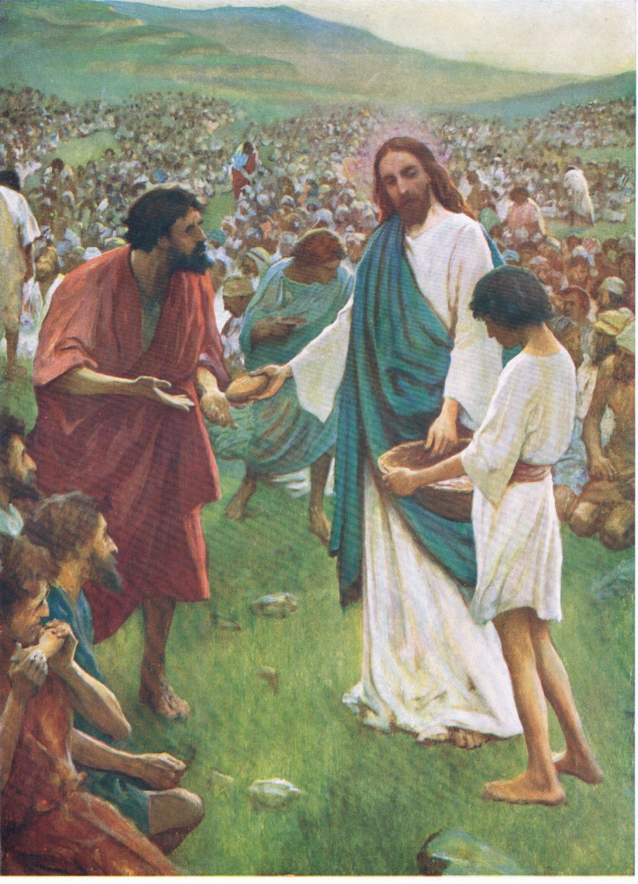 bespisningen af de fem tusinde, fra The Bible Picture Book udgivet af Thomas Nelson, ca. 1950 (farvelitografi) af English School