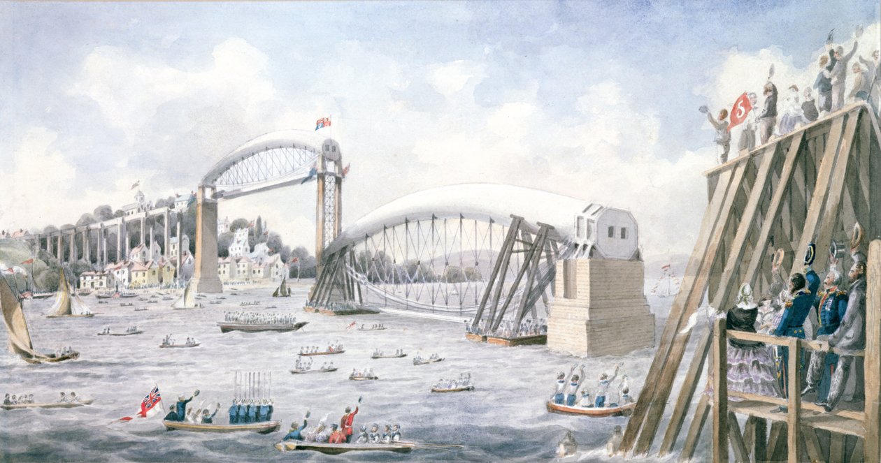 Flydningen af det sidste spænd af Royal Albert Bridge, Saltash (wc på papir) af English School