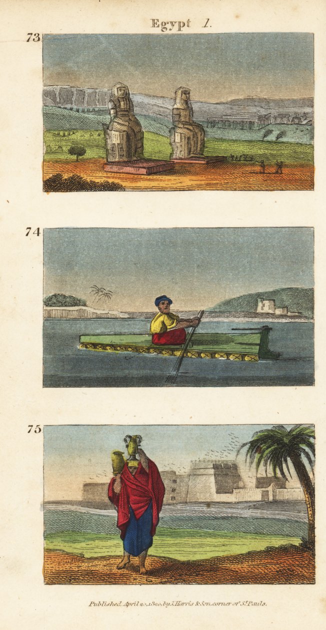De store ruiner af Memnon-kolosserne i Luxor i det sydlige Egypten 73, tømmerflåde af lertøjskander på Nilen 74 og kvinder, der bærer vandkander på hovedet 74 af English School