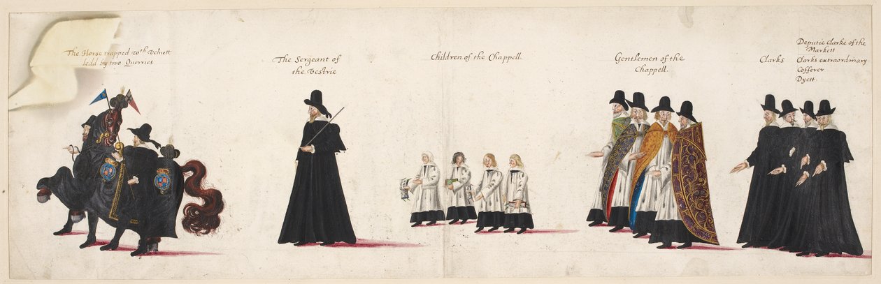 Hesten fanget med fløjl, ført af to equerries; Sergenten af Vestrie; Børn af Det Kongelige Kapel. Del af dronning Elizabeth I