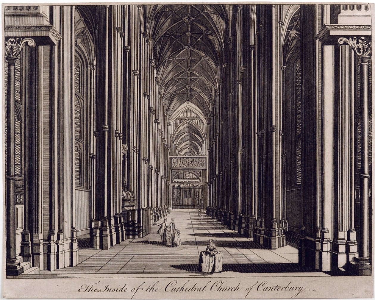 Indersiden af Cathedral Church of Canterbury", med udsigt over skib, fra vestenden, ca. 1700-43 af English School