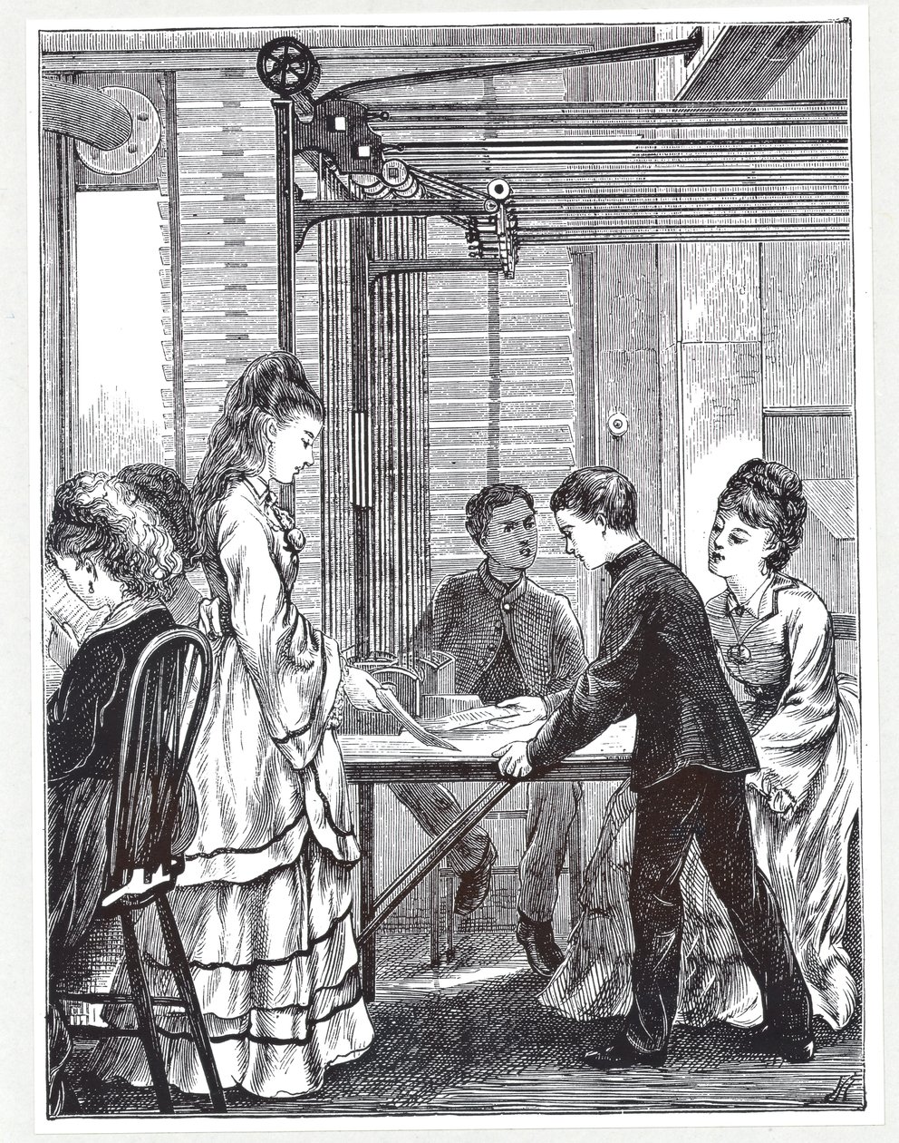 Instrumenterne til at bære beskeder på Post Office Telegraph Headquarters, Telegraph Street, London, fra The Graphic, 1871 af English School