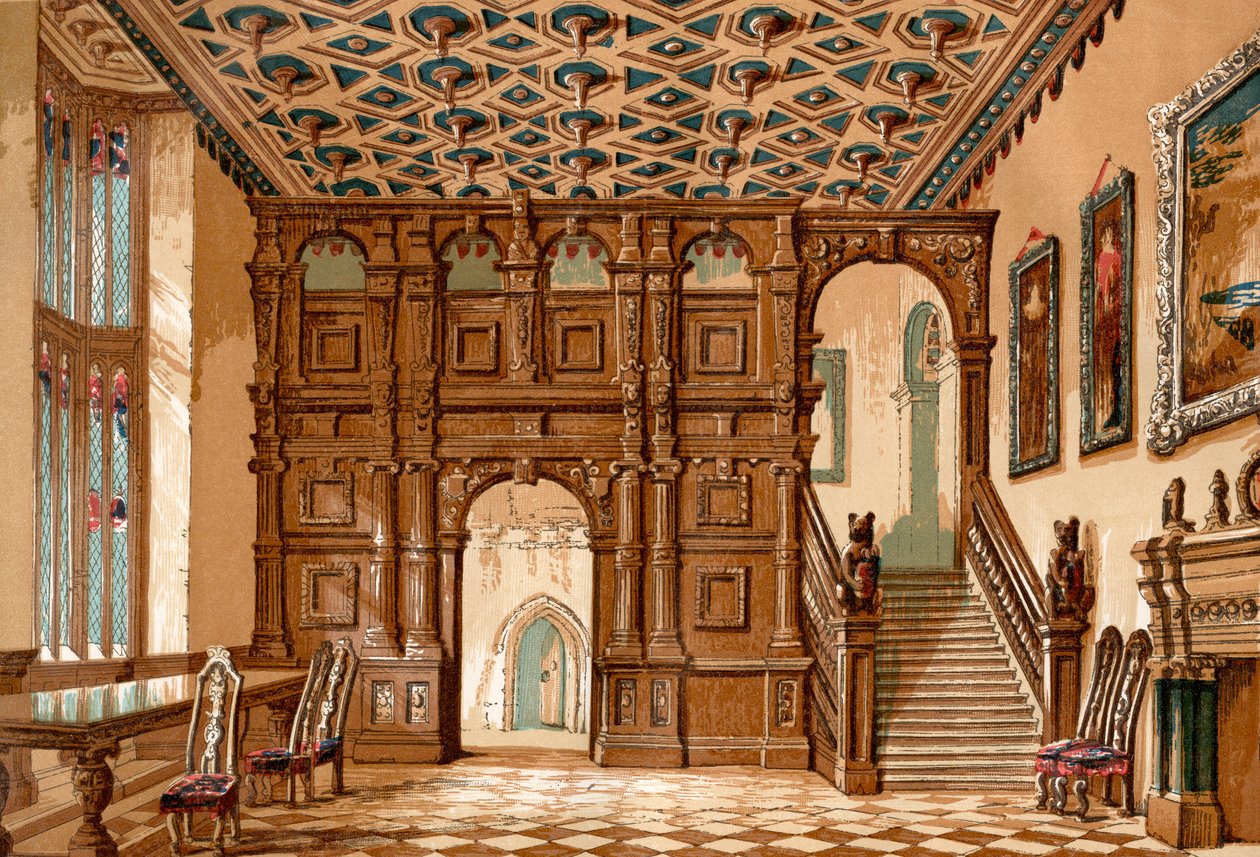 Interiøret af Methley Hall, Yorkshire, England før dets nedrivning i 1963, fra Old England: A Pictorial Museum, pub. 1847 af English School
