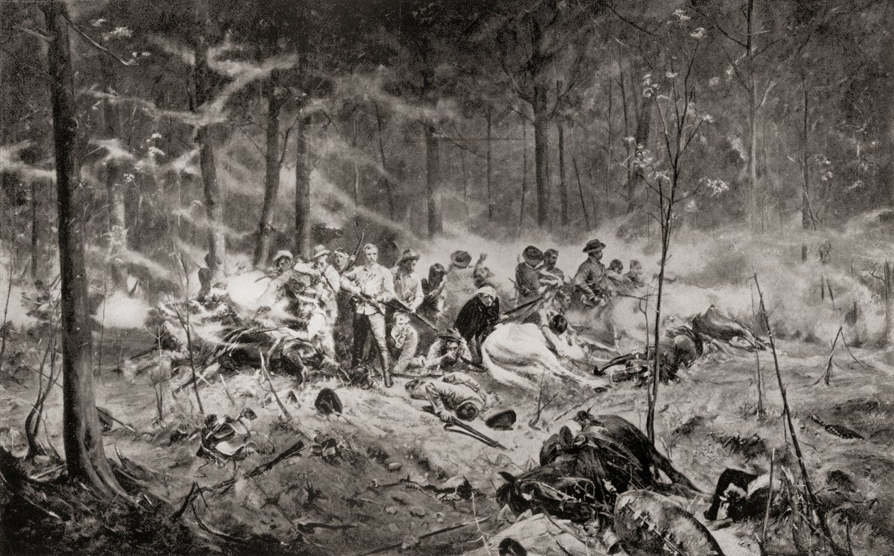 Major Allan Wilsons sidste stand ved Shangani-floden, Matabeleland, under den første Matabele-krig i 1893, efter maleriet af Allan Stewart, fra 