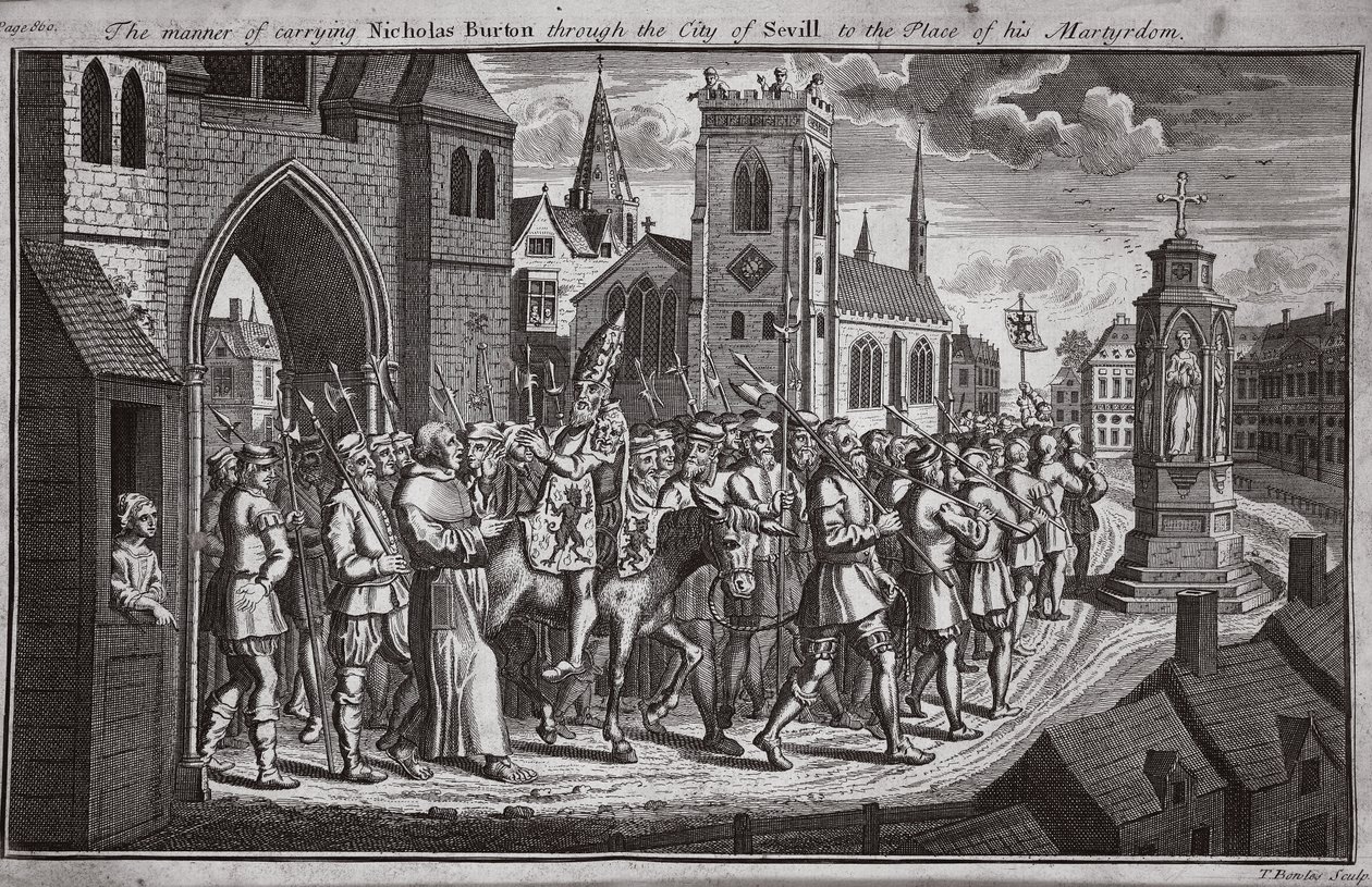 Måden at bære Nicholas Burton gennem byen Sevilla til stedet for hans martyrium, illustration fra Foxes Martyrs c.1703 af English School