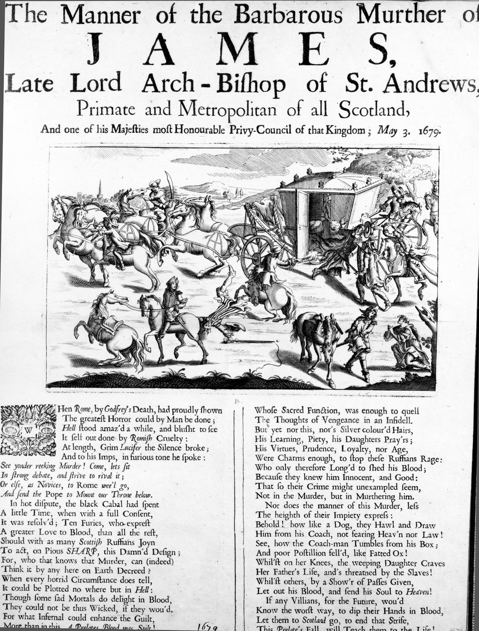 Måden på det barbariske mord på James, afdøde Lord Ærkebiskop af St. Andrews, Primate and Metropolitan of all Scotland, 1679 af English School