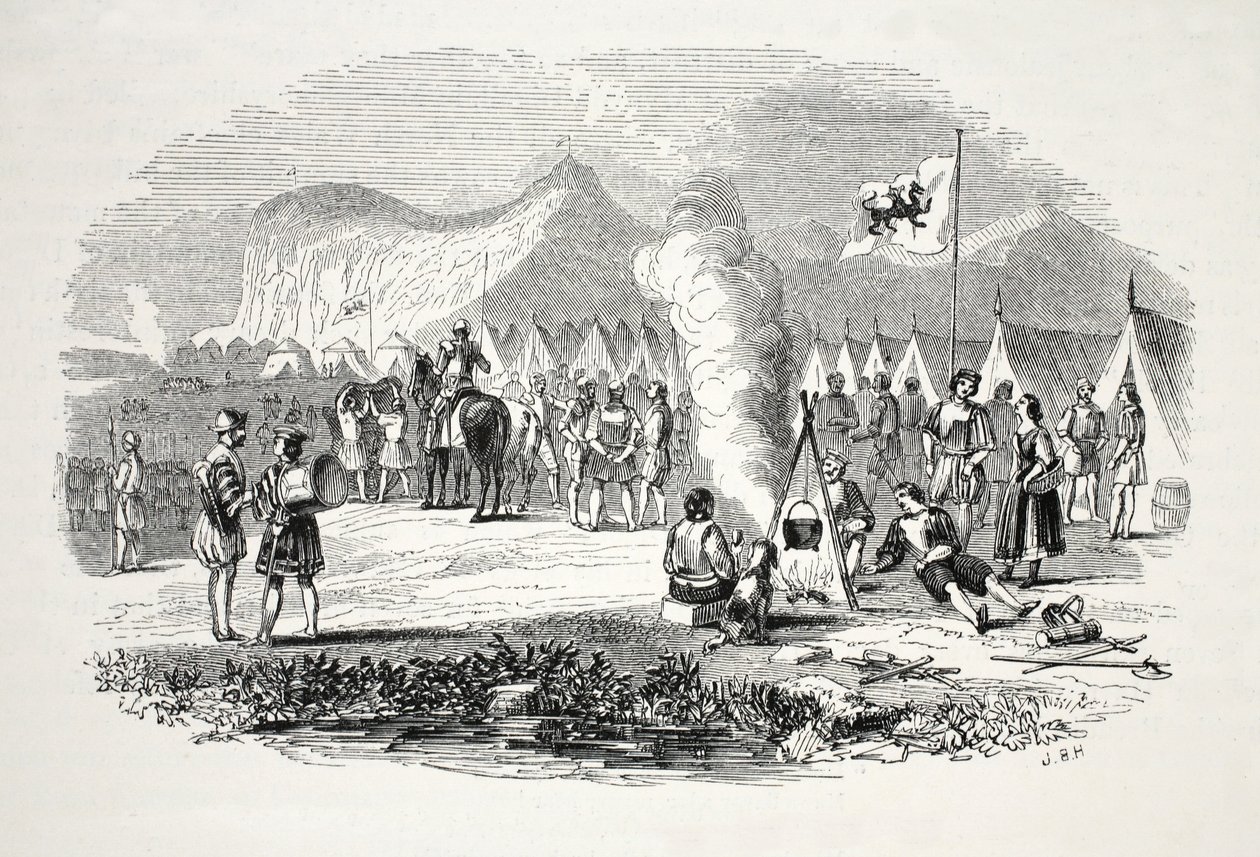Mødet mellem Nord- og Sydwales Chieftains i Breidden Hills, på vej til Bosworth-field, pub. 1800-tallet (stålgravering) af English School