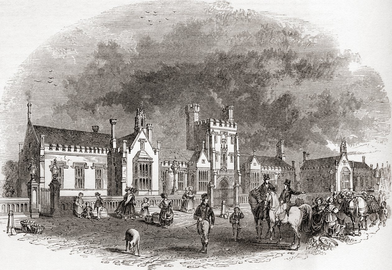 Den gamle Bedford School, som den blev genopbygget i slutningen af 1800-tallet, fra Old England: A Pictorial Museum, pub. 1847 af English School