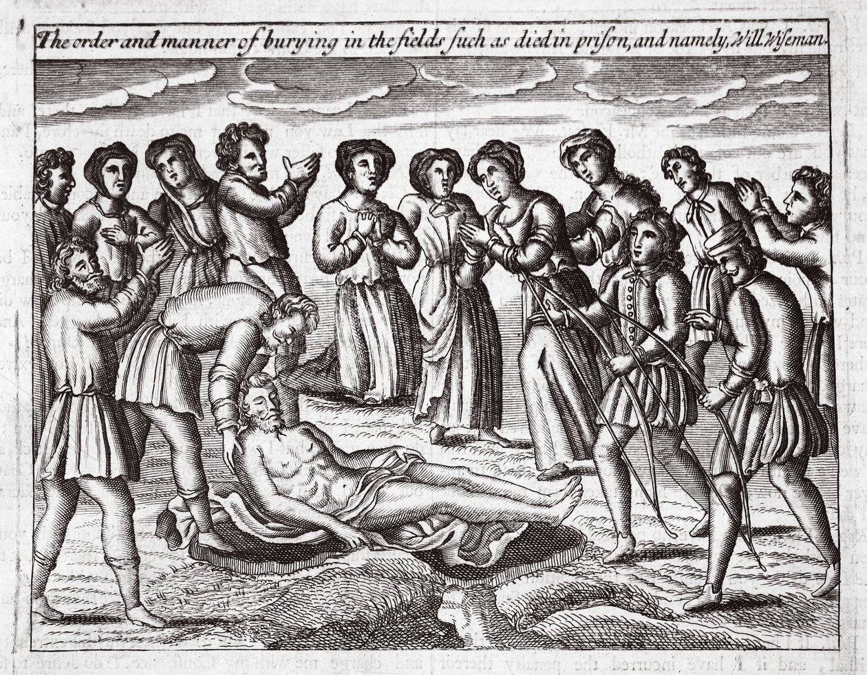 Rækkefølgen og måden at begrave på markerne, såsom døde i fængslet, og nemlig Will Wiseman, illustration fra Acts and Monuments af John Foxe, niende udgave, pub. 1684 af English School