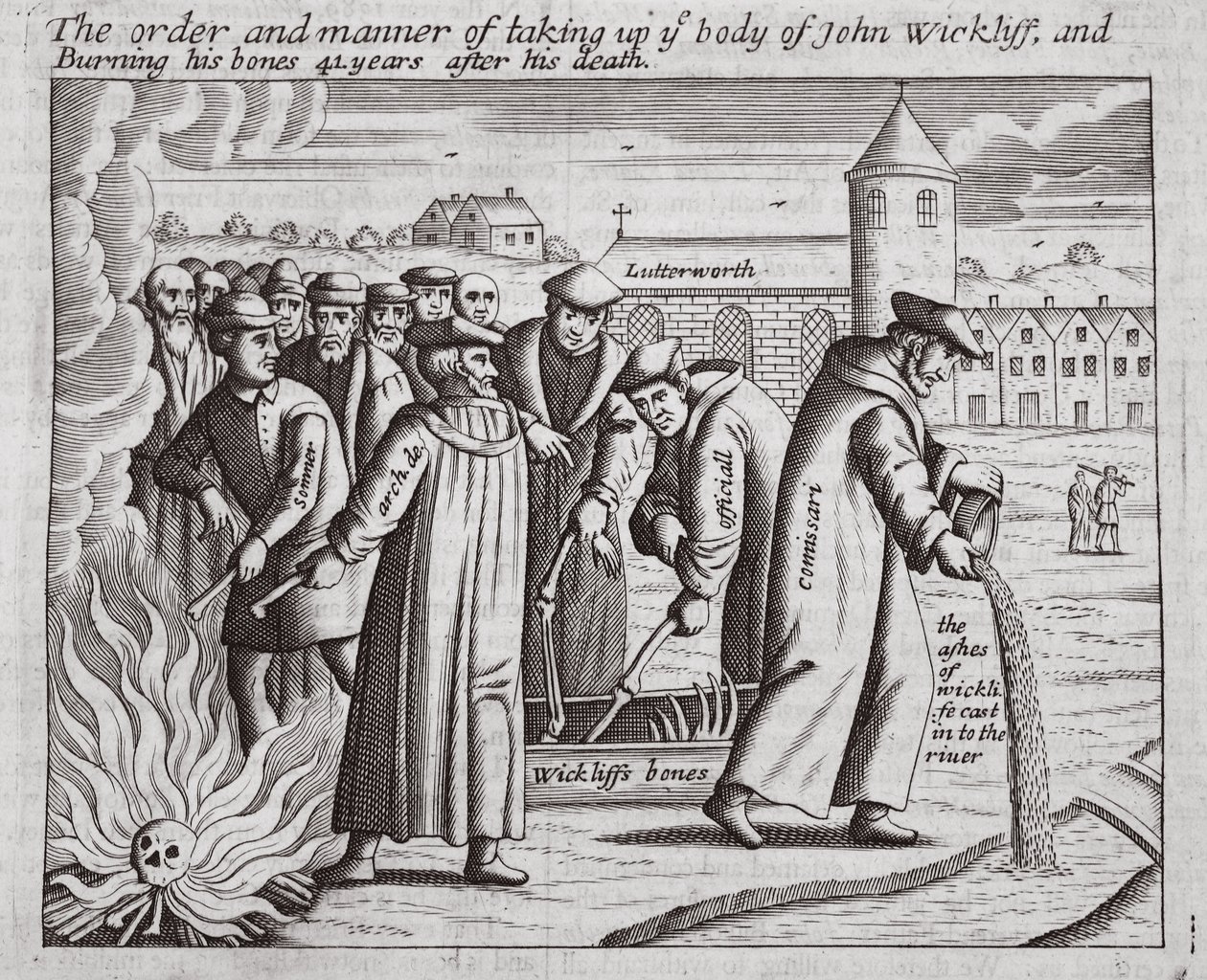 Rækkefølgen og måden at tage liget af John Wickliff op og brænde hans knogler 44 år efter hans død, illustration fra Acts and Monuments af John Foxe, niende udgave, pub. 1684 af English School