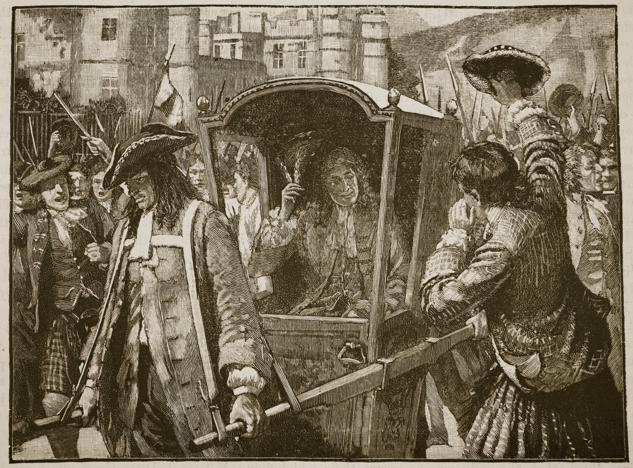Befolkningen i Edinburgh eskorterer hertugen af Hamilton til Holyrood Palace, illustration fra Cassells Illustrated History of England (sepia foto) af English School
