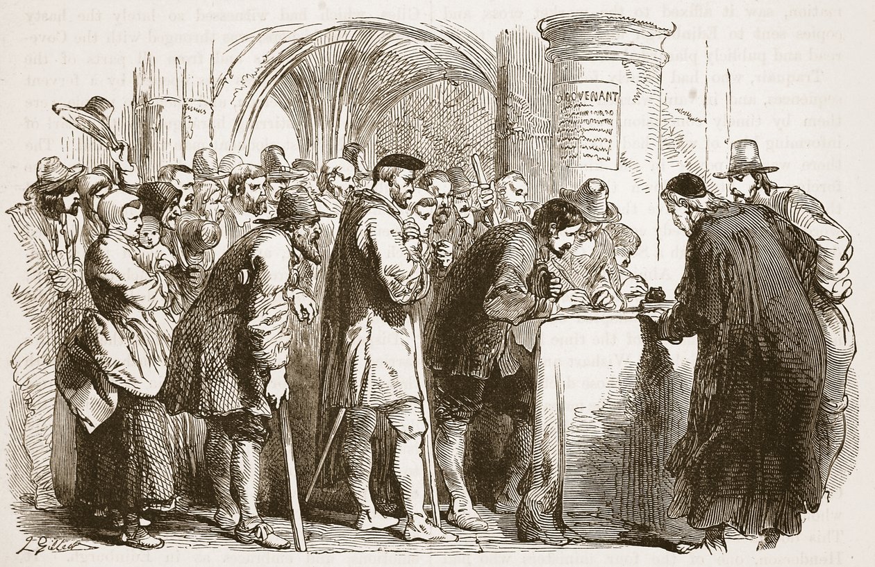 Folket, der underskriver pagten i St. Giles kirke, Edinburgh, illustration fra Cassells Illustrated History of England (sepia foto) af English School