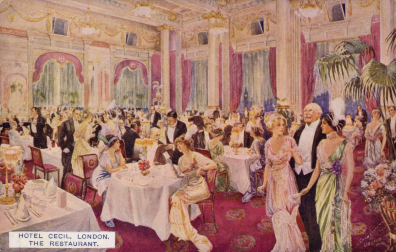 Restauranten, Hotel Cecil, London (farvelitografi) af English School