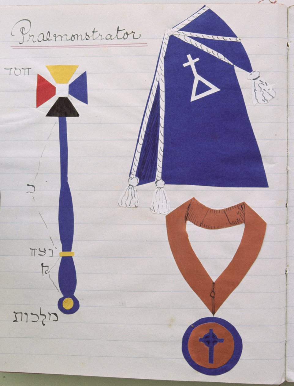 Kjortelen (med ordenens symbol) og regalierne fra instruktøren (praemonstrator) af den hermetiske orden i Det Gyldne Daggry, ca. 1895 (collage) (se også 212684) af English School