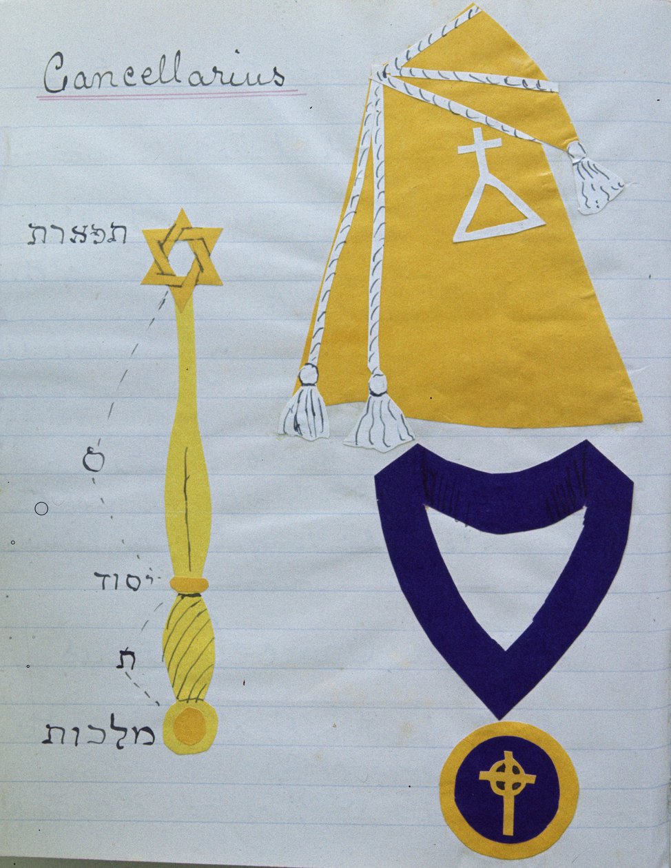 Kjortelen (med ordenens symbol) og regalierne af sekretæren (Cancellarius) af den hermetiske orden af Det Gyldne Daggry, ca. 1895 (collage) (se også 212698) af English School