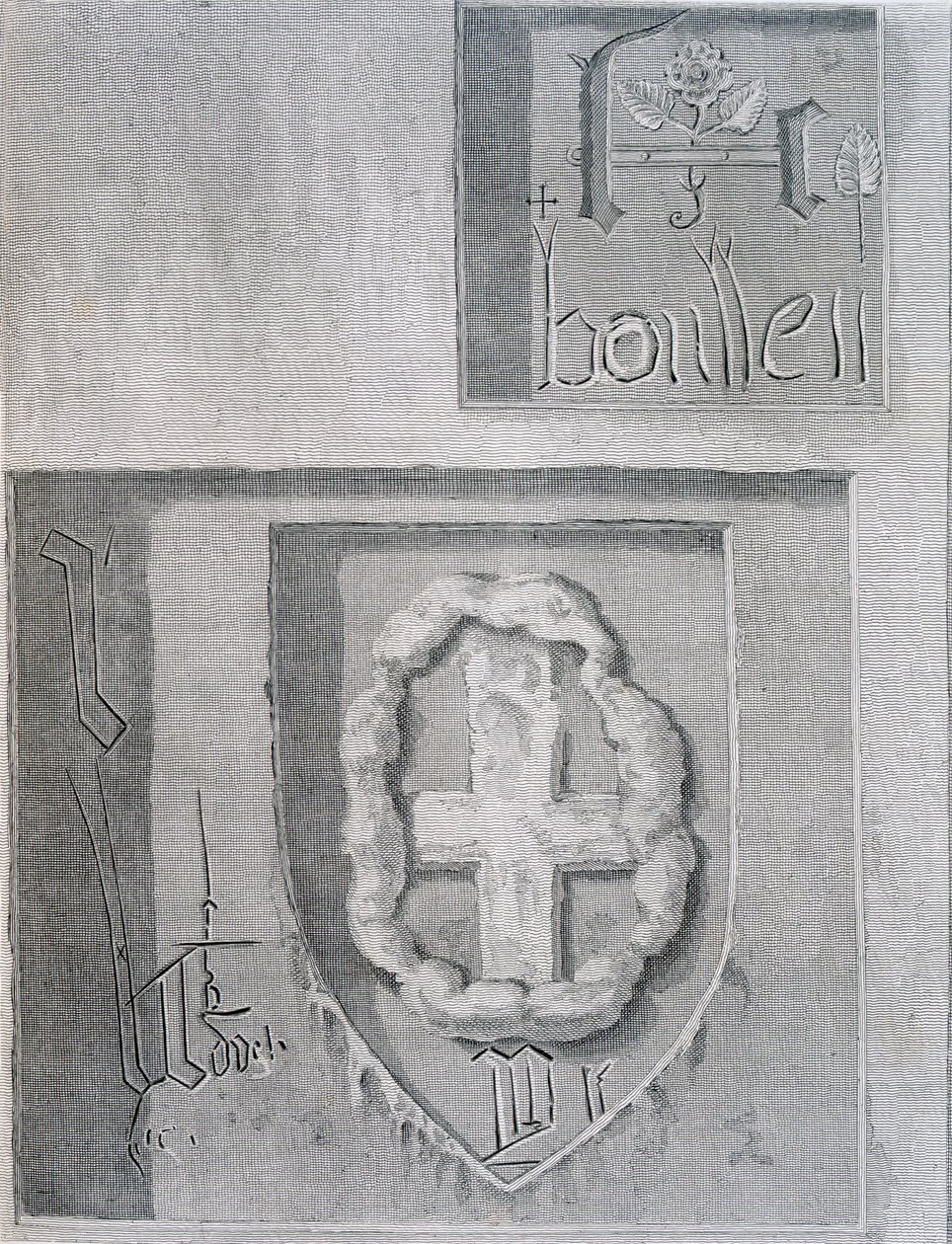 Underskriften af Anne Boleyn med Tudor Rose under hendes fængsling i Tower of London og en anden fange udskæring af et kors, 1815 af English School