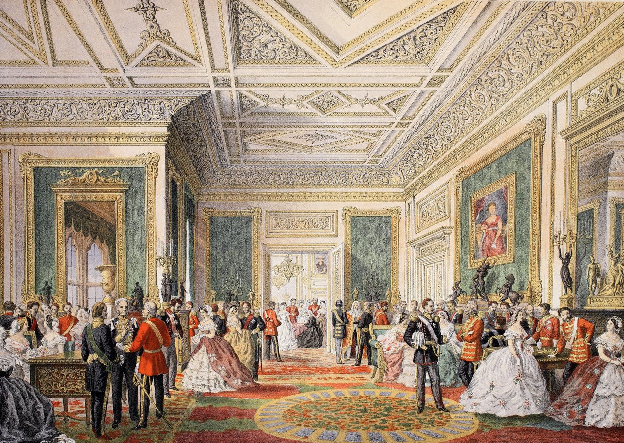 Underskrivelsen af ægteskabsattesten, fra A Memorial of the Marriage of Edward VII and Alexandra of Denmark, pub. 1864 af English School