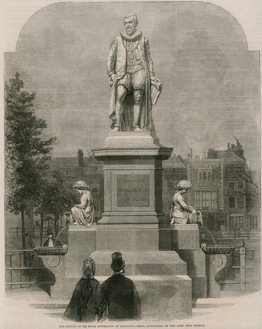 Statuen af Sir Hugh Myddleton ved Islington Green, skulptureret af afdøde John Thomas (kobberstik) af English School
