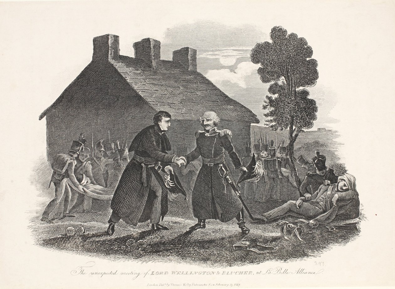 Det uventede møde mellem Lord Wellington og Blucher på La Belle Alliance, pub. T Kelly, 1811 af English School