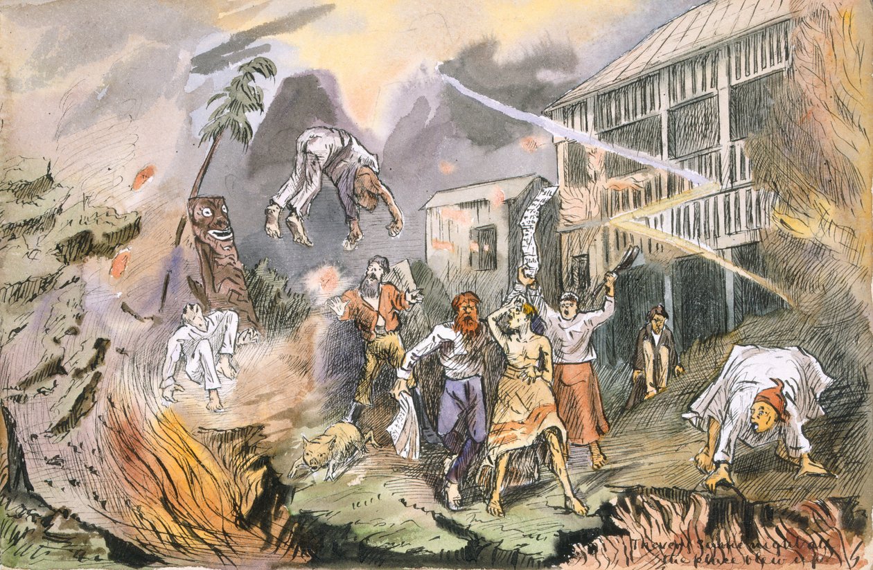 Samme nat sprængtes hele stedet i luften, ca. 1880 (pen og blæk med wc på papir) af English School