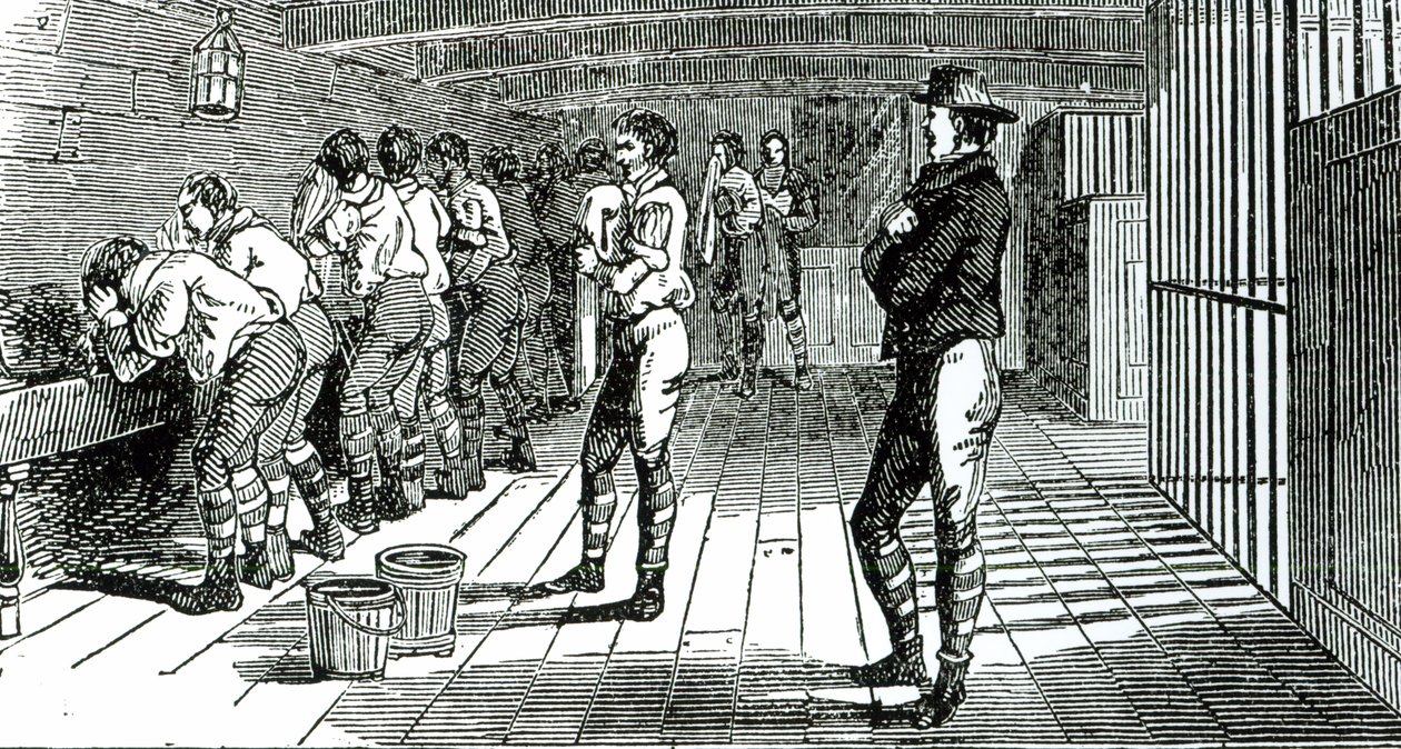 Vaskerummet under dæk - fordømte fagforeningsfolk bliver transporteret til Australien, illustreret i The Martyrs of Tolpuddle, udgivet af Trades Union Congress, 1834 af English School