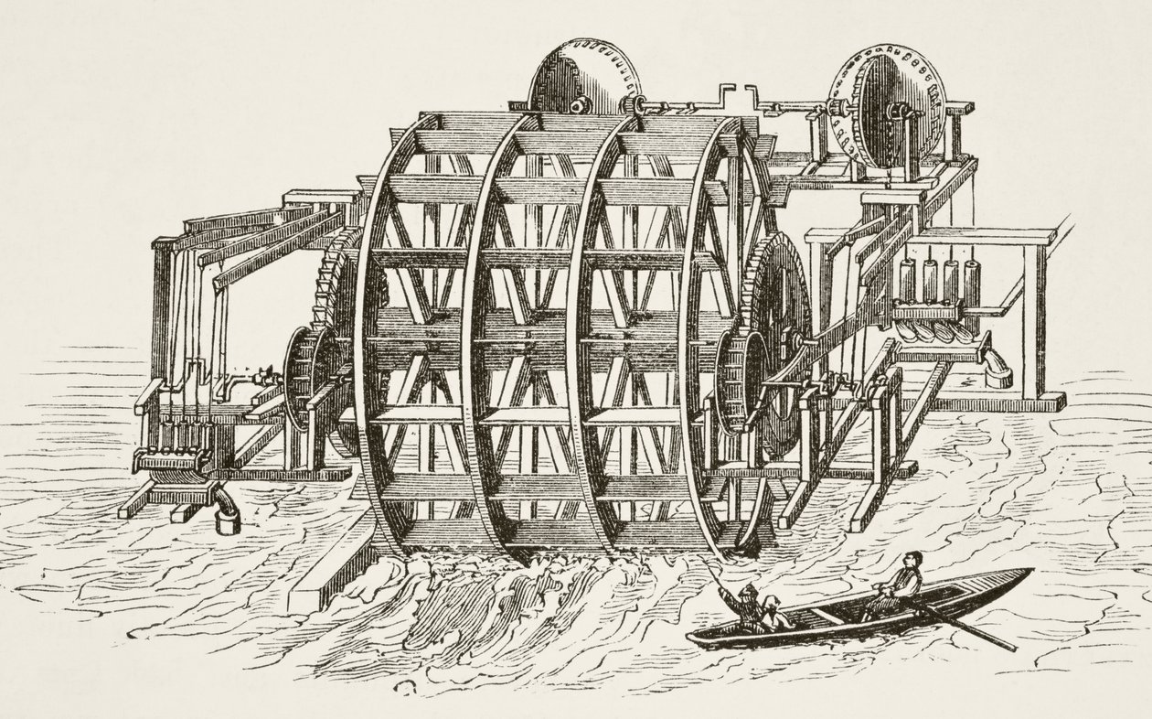 London Bridges vandværk, der blev først opført i 1582, fra The National and Domestic History of England af William Hickman Smith Aubrey (1858-1916) udgivet London, ca. 1890 af English School