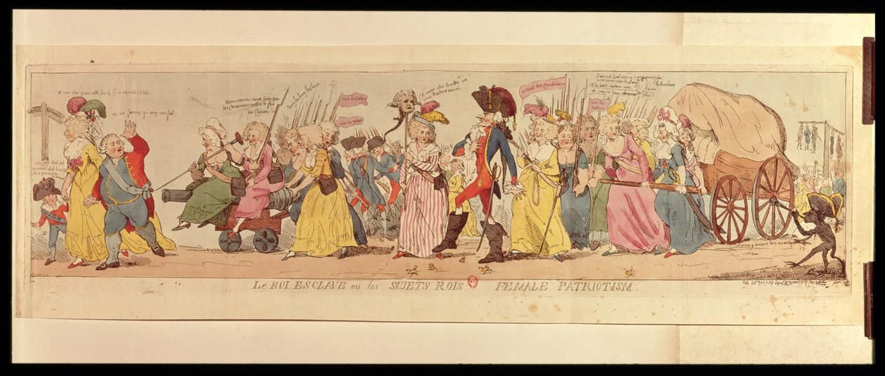 Kvinderne i Les Halles tager Ludvig XVI (1754-93) fra Versailles, udgivet af S.W. Fores, 1789 (håndkoloreret gravering) af English School