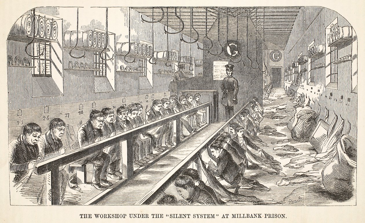 Workshoppen under det tavse system i Millbank Prison, illustration fra The Criminal Prisons of London og Scenes from Prison Life af Henry Mayhew og John Binny, pub. 1862 af English School