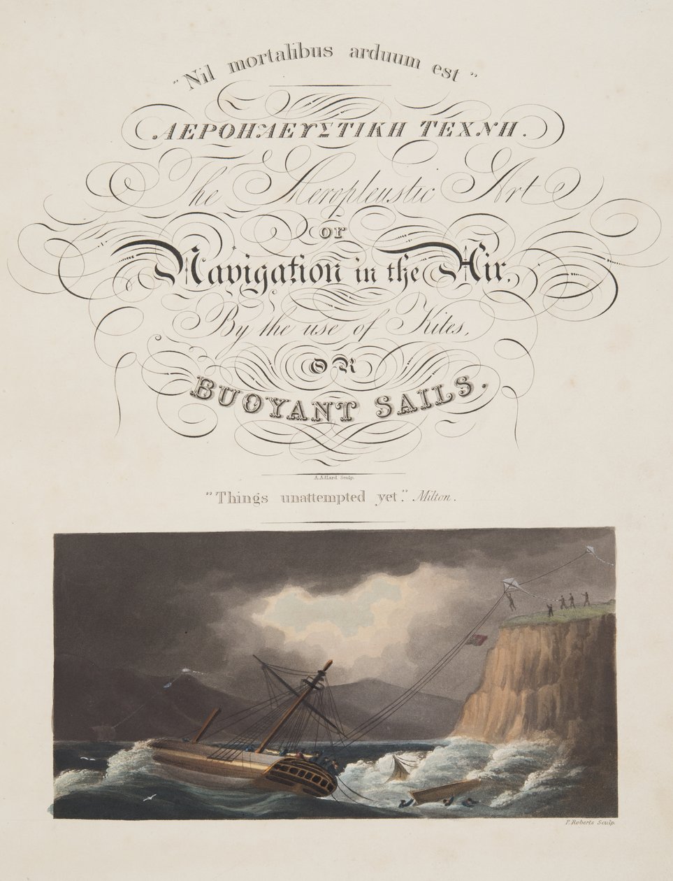 "Things trieded yet" , Milton, frontispice fra "The Aeropleustic Art, or Navigation in the Air, by the Use of Kites, or Buoyant Sails, pub. 1827 (håndfarvet akvatint) af English School